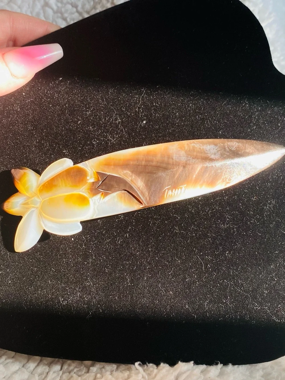 Vintage Mother of Millions Pearl Tahiti Letter Opener 33.49g Plumeria 7” Palm